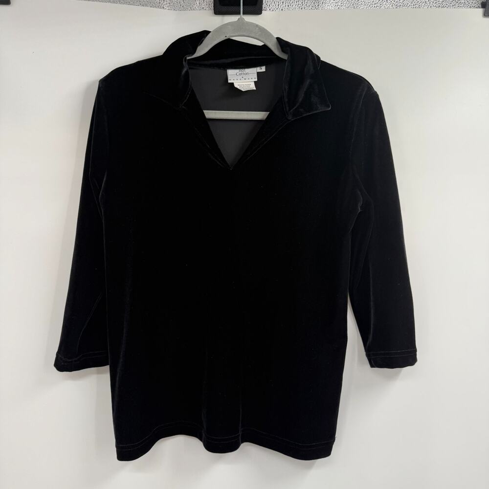 Hot Cotton Marc Ware Velvet Top Womens S Black Stretch Collar V-Neck Velour 90s